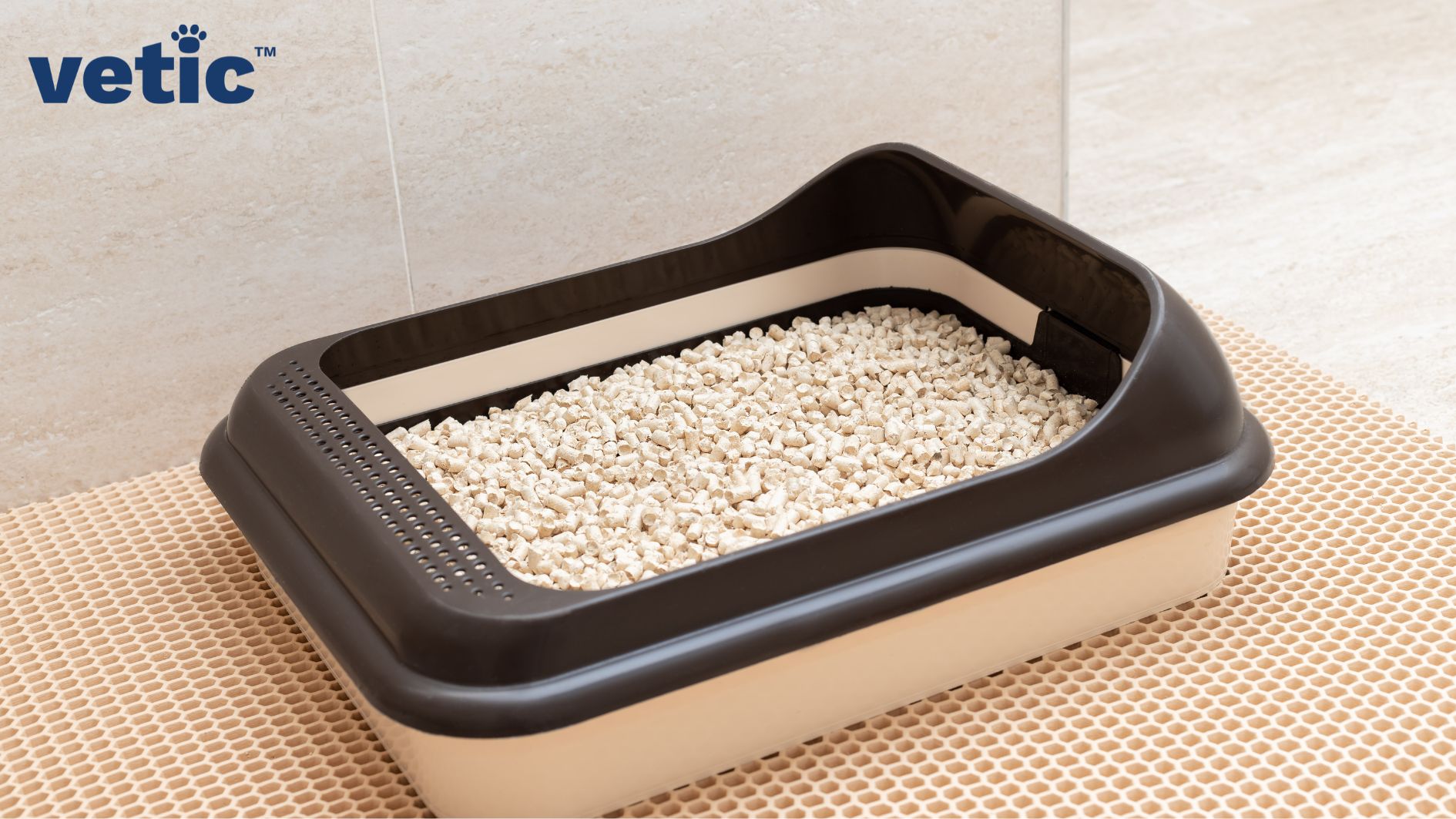 A beige and dark brown litter tray kept on a litter mat. the litter inside looks like biodegradable bamboo or wooden pellets.