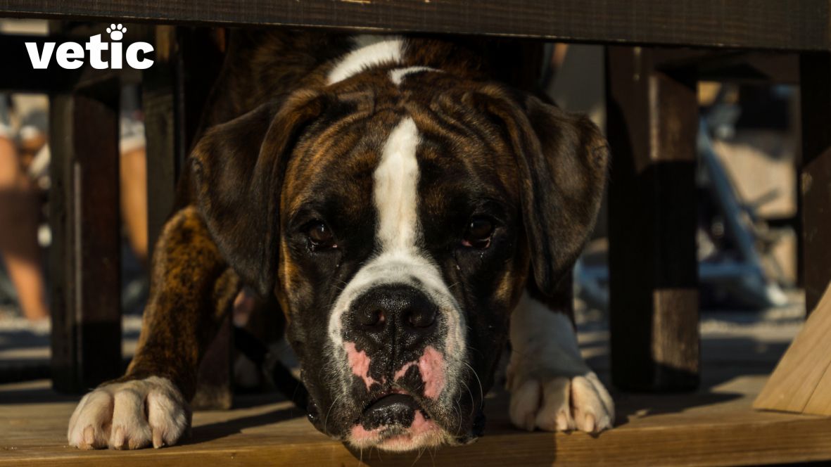 American Staffordshire Terrier lying under the table.