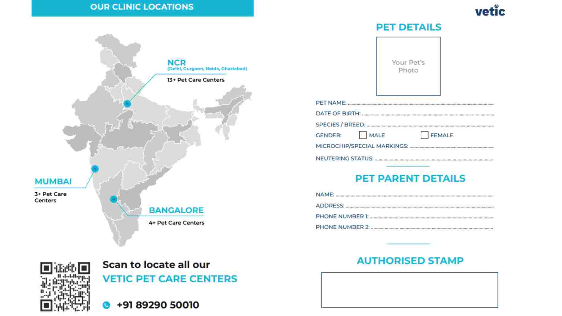 The left side of the image displays a “PET HEALTH PASSPORT” issued by Vetic. The passport cover is dark blue with white text and stars at the top. Below the cover illustration, there’s an image of a person holding a dog, both smiling. The Vetic logo, represented by a stylized “V,” is prominently displayed in white. Beneath the logo, it reads “PET CARE REIMAGINED”, and a contact number “89290 50010” is provided. On the right side under “PET DETAILS”, there’s space for attaching the pet’s photo and filling out information including: Pet Name Date of Birth Species/Breed Gender (options for Male or Female) Microchip/Special Markings Neutering Status Below this section is “PET PARENT DETAILS” with spaces to fill out: Name Address Phone Number (two spaces provided). At the bottom right corner, there’s space for an authorized stamp from Vetic.