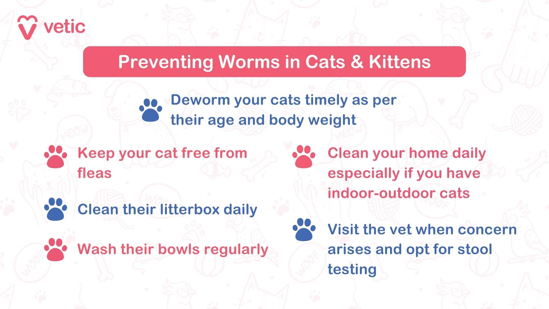 Preventing Worms in Cats and Kittens - Vetic The image is an informational graphic from "Vetic" about preventing worms in cats and kittens. It includes vivid illustrations and text detailing essential tips for pet owners. The tips listed are: Deworm your cats timely as per their age and body weight. Keep your cat free from fleas. Clean their litterbox daily. Wash their bowls regularly. Clean your home daily, especially if you have indoor-outdoor cats. Visit the vet when concerns arise and opt for stool testing. This graphic highlights effective practices to prevent worms in cats, ensuring their health and well-being.