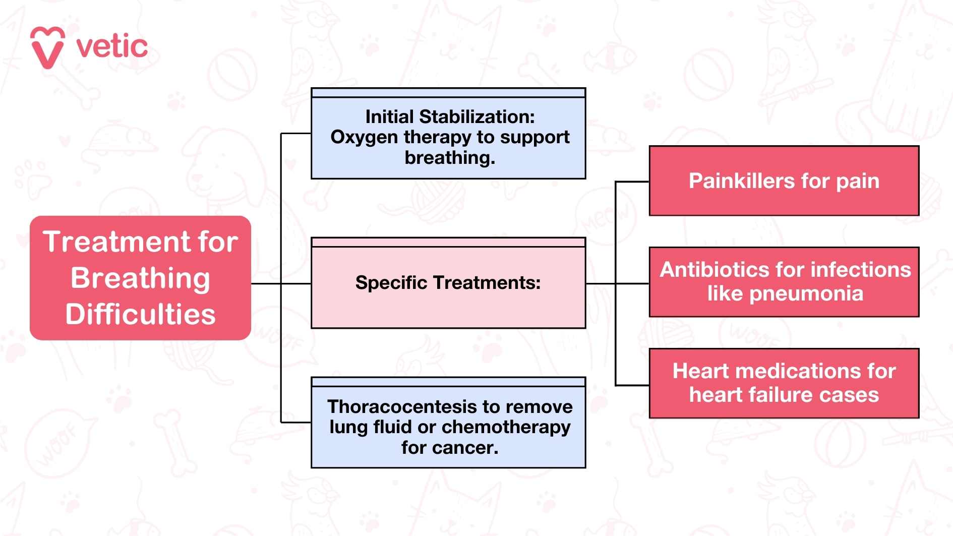 "The image you attached is an infographic from "vetic" that outlines the common causes of breathing difficulty in dogs. The central box, labeled "Common Causes of Breathing Difficulty in Dogs," is connected to six surrounding boxes, each detailing a specific cause: Pain: External injuries or internal conditions (e.g., kidney disease). Cancers: Trachea, larynx, or lung tumors. Pulmonary Edema: Fluid in lungs caused by heart failure or trauma. Heartworms: Block blood flow, leading to heart failure symptoms. Cushing's Disease: Overproduction of cortisol causing panting and other signs. Pneumonia: Inflammation due to bacterial, viral, or fungal infections. Bronchitis: Chronic inflammation from infections like kennel cough.