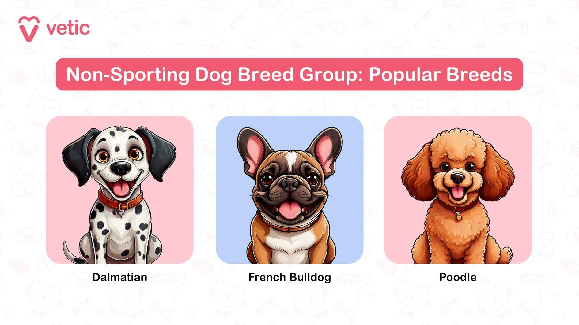 This image is titled "Non-Sporting Dog Breed Group: Popular Breeds" and showcases three cartoon illustrations of well-known breeds within this group: Dalmatian: On a pink background, known for its striking spots and athletic build. French Bulldog: Against a blue backdrop, this breed is adored for its playful and compact nature. Poodle: Posing on a pink background, renowned for its intelligence and elegant appearance.