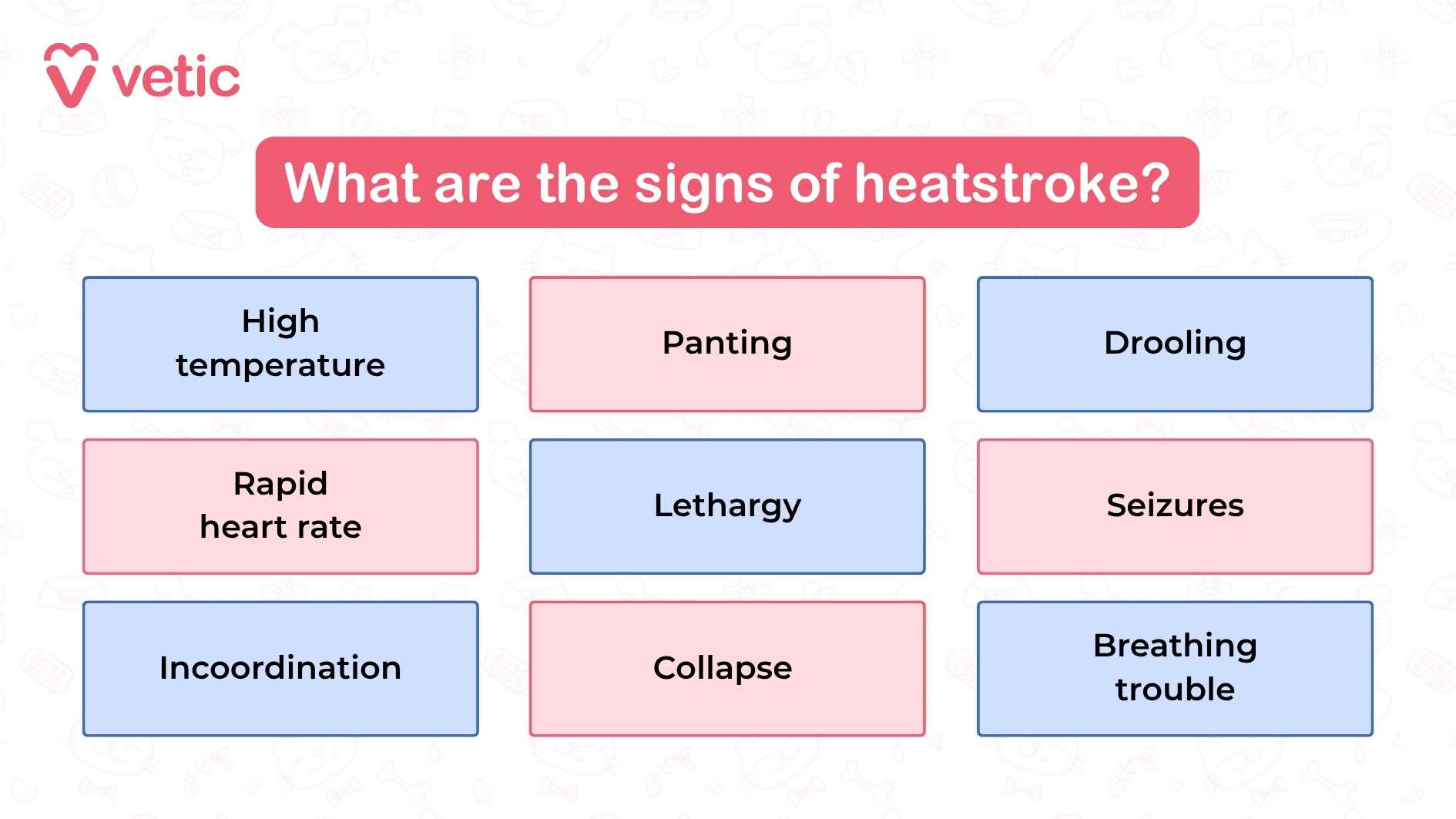 An informative graphic by Vetic on the Signs of Heatstroke in Cats. there are 9 easy signs that can help you recognize heatstroke in cats - high temperature, panting, drooling, rapid heart rate, lethargy, incoordination, seizures, collapse and breathing trouble. not all cats will show all 9 signs at the same time. if your cat is showing any one or two of these signs, you must cool them down first and take them to the emergency veterinarian nearby