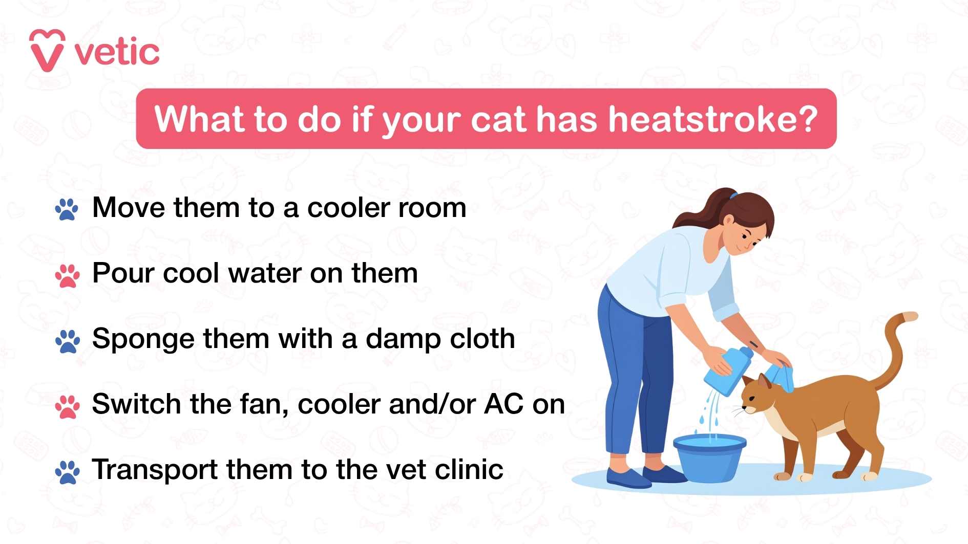 It prominently features the branding of "Vetic" in the top left corner, indicating the source of the information. The central title, "Heatstroke in Cats: Signs, Treatment and Prevention Guide for Cat Parents," clearly conveys the purpose of the visual and establishes its informative nature. The focal illustration depicts a cat lying on a pink brick wall, surrounded by wavy heat lines that symbolize distress due to excessive heat exposure. Additionally, a bright sun is positioned in the top right corner, reinforcing the theme of extreme heat and visually emphasizing the risk of heatstroke. The overall composition is simple yet effective, ensuring that the message is clear and accessible to cat owners who may need guidance on recognizing, treating, and preventing this serious condition.