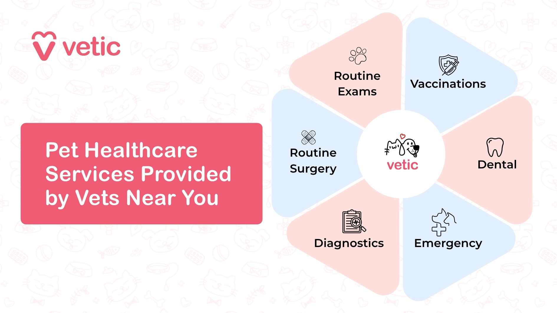 This infographic by Vetic features a circular center with a cat and a dog, framed by six service categories offered by nearby vets: Routine Exams Vaccinations Dental Emergency Diagnostics Routine Surgery Each segment highlights an essential aspect of pet healthcare. The header reads: “Pet Healthcare Services Provided by Vets Near You.” The friendly icons and neat layout make it easy for pet parents to understand what services to expect when visiting a Vetic clinic.