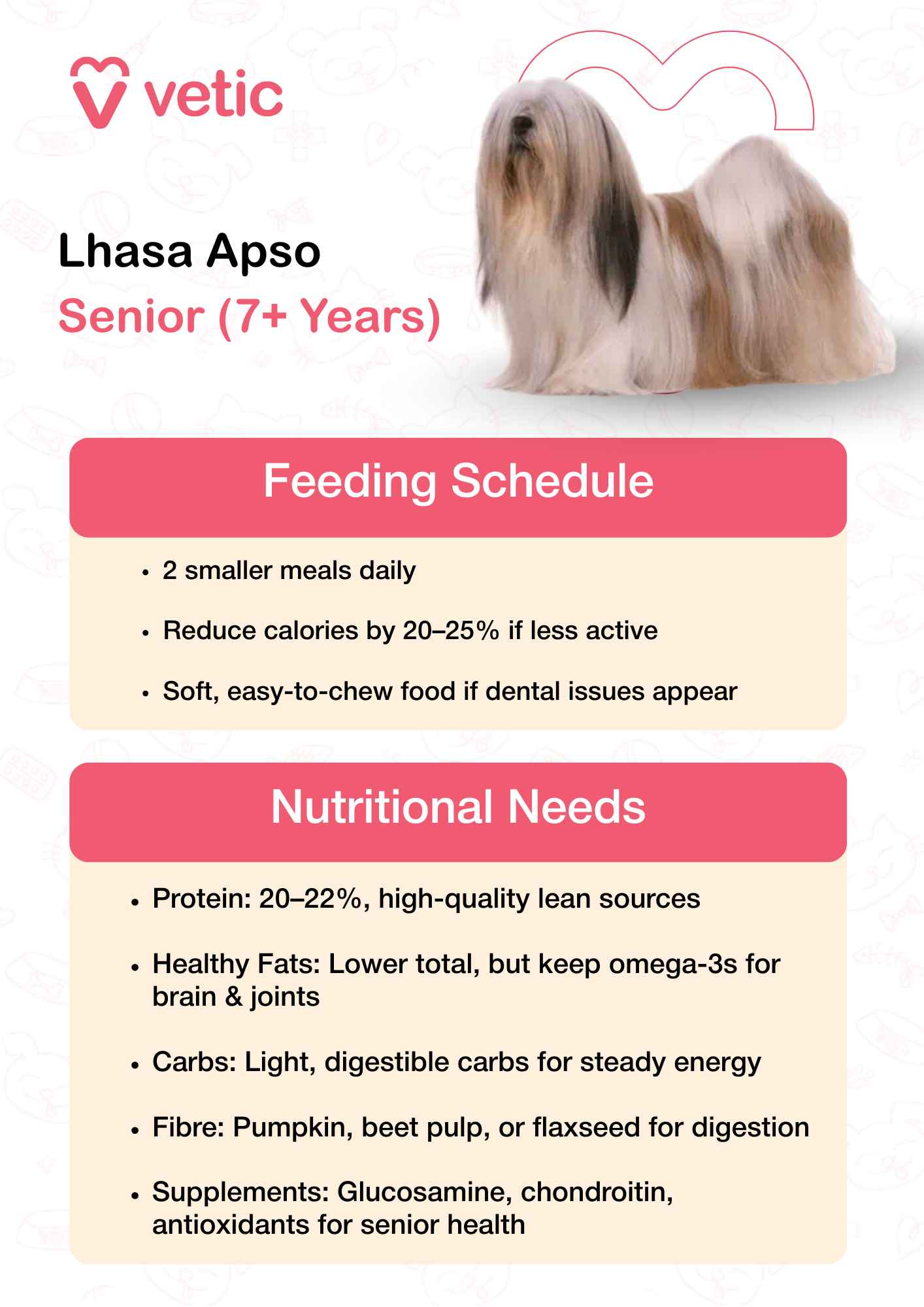 This infographic from Vetic features a mature Lhasa Apso with a gentle, dignified expression—visually reinforcing the need for age-appropriate care. The layout is divided into two clear sections: Feeding Schedule and Nutritional Needs, tailored for senior dogs. 🕒 Feeding Schedule (Text interpreted in full sentences): Senior Lhasa Apsos should be fed two smaller meals per day to support slower metabolism and digestion. If your dog is less active, reduce calorie intake by 20–25% to prevent weight gain. If dental issues arise, switch to easy-to-chew food to ensure comfort and adequate nutrition. 🥩 Nutritional Needs (Text interpreted in full sentences): Their diet should include 20–22% high-quality protein, sourced from lean meats to maintain muscle mass. Healthy fats should be reduced overall, but omega-3 fatty acids must be retained to support brain function and joint health. Use light, digestible carbohydrates to provide steady energy without overloading the digestive system. Include fiber sources like pumpkin, beet pulp, or flaxseed to aid digestion and prevent constipation. Add supplements such as glucosamine, chondroitin, and antioxidants to support joint mobility and overall senior wellness.
