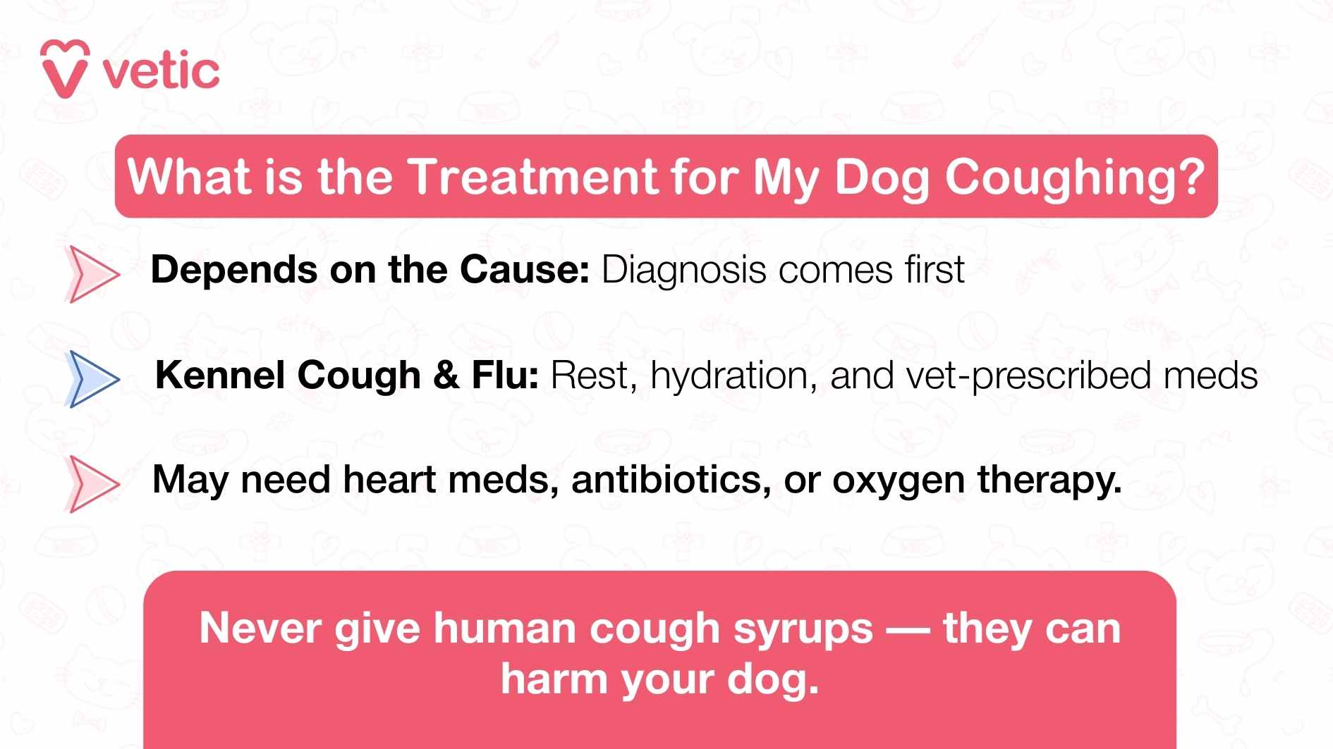 This Vetic infographic titled “What is the Treatment for My Dog Coughing?” offers pet parents a clear, tiered overview of how canine coughing is managed depending on its underlying cause. The visual features a clean layout with structured text and a bold red warning box at the bottom, reinforcing both guidance and caution. The main content reads: • Depends on the Cause: Diagnosis comes first • Kennel Cough & Flu: Rest, hydration, and vet-prescribed meds • May need heart meds, antibiotics, or oxygen therapy These points emphasize that treatment is not one-size-fits-all. The first line underscores the importance of accurate diagnosis, while the second offers a gentle reminder that supportive care—like rest and hydration—is often sufficient for mild infections. The third line introduces more serious interventions such as cardiac medications, antibiotics, or oxygen therapy, signaling that coughing may stem from complex conditions like heart disease or pneumonia. At the bottom, a red box delivers a critical warning: Never give human cough syrups — they can harm your dog. This cautionary note is visually and contextually urgent, reminding pet parents that well-meaning home remedies can be dangerous without veterinary guidance.