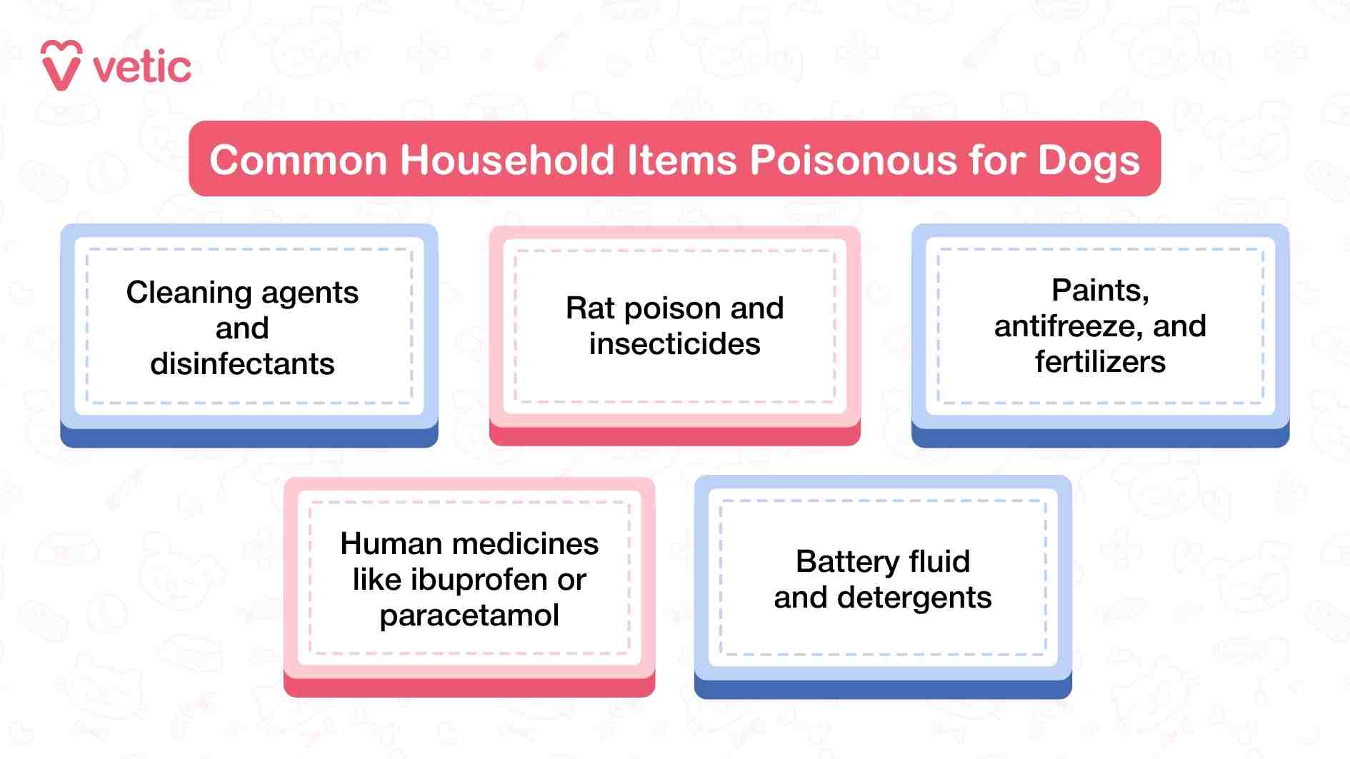 This infographic titled “Common Household Items Poisonous for Dogs” from Vetic serves as a vital visual alert for pet parents, spotlighting five categories of everyday substances that pose serious health risks to dogs. The design is approachable yet urgent, with a soft background and a pink banner that draws attention to the topic without overwhelming the viewer. Each labeled box identifies a distinct group of toxic items: cleaning agents and disinfectants, rat poison and insecticides, paints, antifreeze, and fertilizers, human medications like ibuprofen or paracetamol, and battery fluid and detergents. These are not obscure or rare hazards—they’re items found in nearly every home, often within a dog’s reach. The inclusion of both chemical and pharmaceutical dangers underscores the wide spectrum of threats, from accidental ingestion of spilled cleaner to a curious sniff around a garage shelf. The infographic’s clarity and categorization make it an effective tool for raising awareness and prompting preventive action.