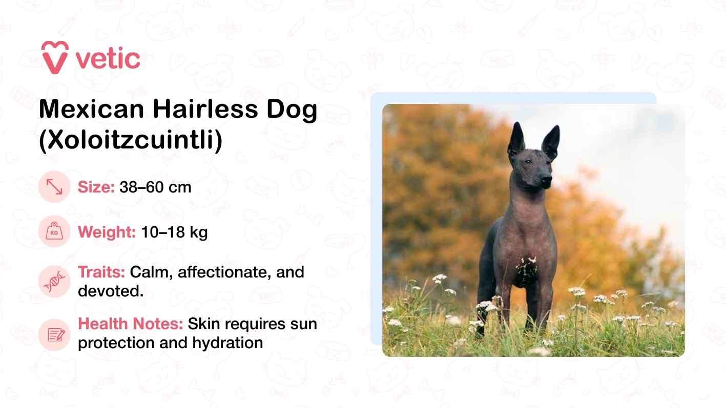 The image features a Mexican Hairless Dog, also known as Xoloitzcuintli, standing in a field dotted with flowers. Its smooth, hairless body and upright ears are prominently displayed, emphasizing the breed’s distinctive appearance and natural adaptation to warm climates. The dog’s calm demeanor and attentive posture reflect its affectionate and devoted nature, as described in the accompanying text. With a height range of 38–60 cm and a weight between 10–18 kg, the Xoloitzcuintli is compact yet sturdy. Health notes caution that its exposed skin requires sun protection and consistent hydration, especially in regions with intense heat.