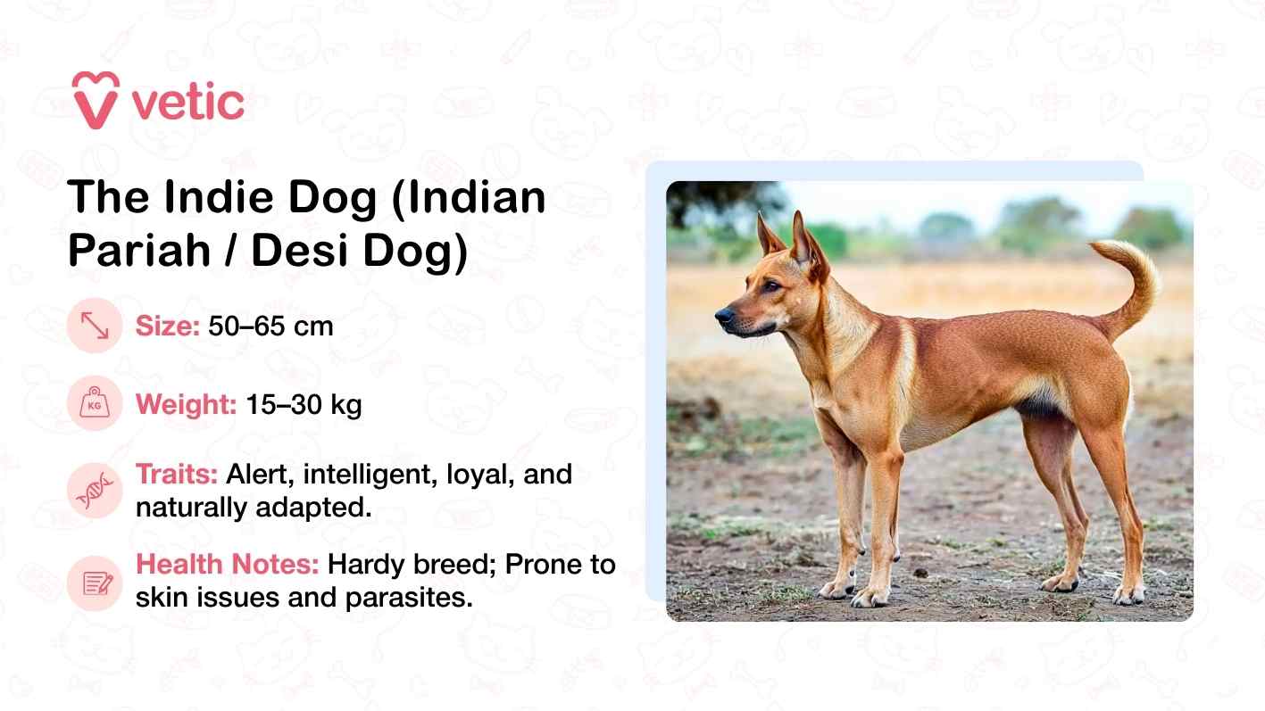 The image features an Indie Dog, also known as the Indian Pariah or Desi Dog, standing confidently on a dirt surface with a blurred natural background. Its short coat, erect ears, and lean, muscular build reflect the breed’s natural adaptation to India’s climate and terrain. The dog’s posture is alert and self-assured, embodying the traits listed in the graphic: intelligence, loyalty, and environmental resilience. With a height range of 50–65 cm and a weight between 15–30 kg, the Indie Dog is well-suited for active lifestyles and outdoor environments. Health notes mention susceptibility to skin issues and parasites, which are common in tropical regions and require regular preventive care.