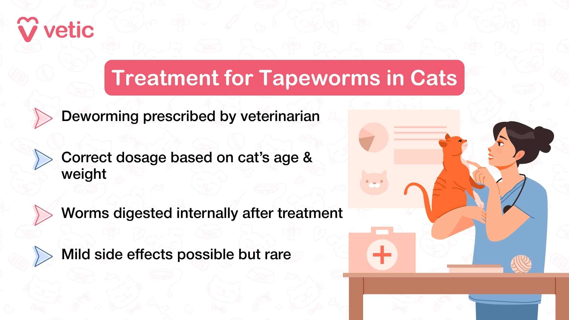 This informative graphic from Vetic, titled “Treatment for Tapeworm in Cats,” features a veterinarian gently holding an orange cat in a clinical setting. The background includes subtle medical symbols and charts, reinforcing the professional context. The image conveys trust and care, visually anchoring the importance of veterinary involvement in parasite treatment. Four key treatment points are listed clearly: Deworming prescribed by veterinarian – emphasizing that over-the-counter solutions may not be sufficient or safe. Correct dosage based on cat’s age & weight – highlighting the need for tailored medication to avoid under- or overdosing. Worms digested internally after treatment – explaining that tapeworms are broken down and expelled naturally, often without visible signs. Mild side effects possible but rare – reassuring pet parents that treatment is generally safe and well-tolerated.
