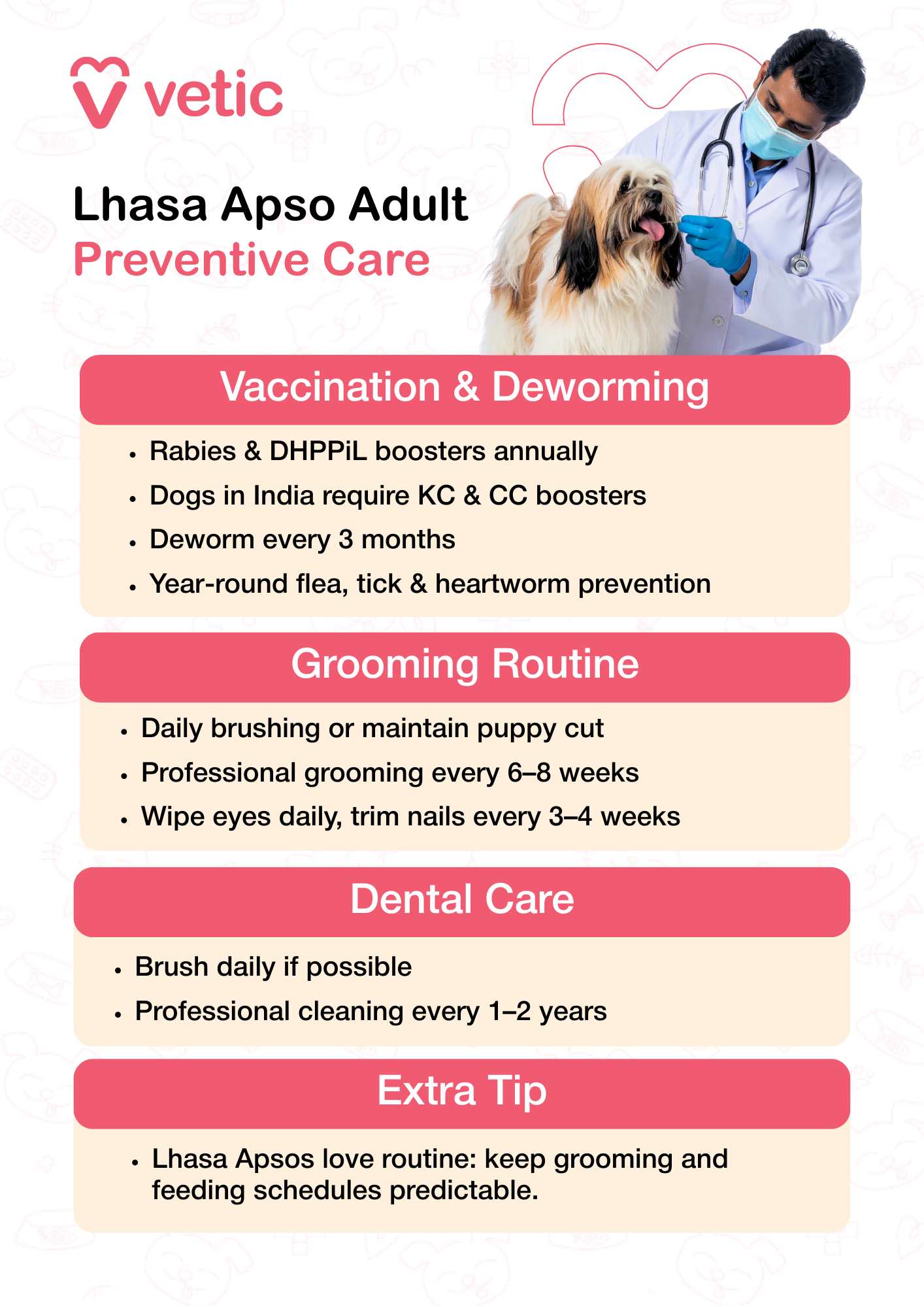 a comprehensive preventive care routine for adult Lhasa Apso dogs. A veterinarian is shown examining a Lhasa Apso, reinforcing the importance of regular checkups. The content is divided into four key sections: Vaccination & Deworming Annual boosters for Rabies and DHPPIL KC & CC boosters recommended for dogs in India Deworming every 3 months Continuous protection against fleas, ticks, and heartworm Grooming Routine Daily brushing or maintaining a puppy cut Professional grooming every 6–8 weeks Daily eye wiping and nail trimming every 3–4 weeks Dental Care Daily brushing if possible Professional dental cleaning every 1–2 years Extra Tip Lhasa Apsos thrive on routine—consistent grooming and feeding schedules help reduce stress