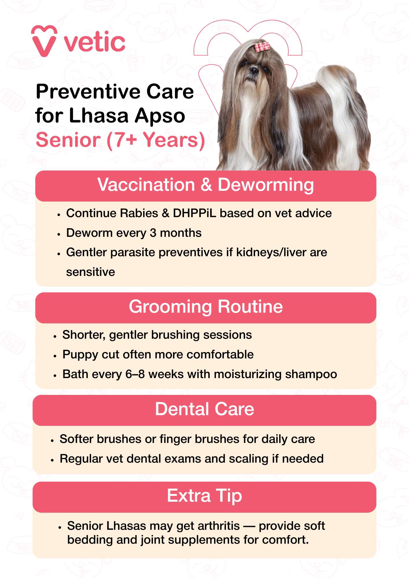 tailored preventive care guidance for senior Lhasa Apso dogs aged 7 years and older. A mature Lhasa Apso is pictured, visually reinforcing the need for age-appropriate care. The content is divided into four key sections: Vaccination & Deworming Continue Rabies and DHPPI vaccinations based on veterinary advice Deworm every 3 months Use gentler parasite preventives if liver or kidney sensitivity is present Grooming Routine Opt for shorter, gentler brushing sessions A puppy cut is often more comfortable for seniors Bathe every 6–8 weeks using a moisturizing shampoo Dental Care Use softer brushes or finger brushes for daily cleaning Schedule regular vet dental exams and scaling if needed Extra Tip Senior Lhasa Apsos may develop arthritis—provide soft bedding and joint supplements to support comfort