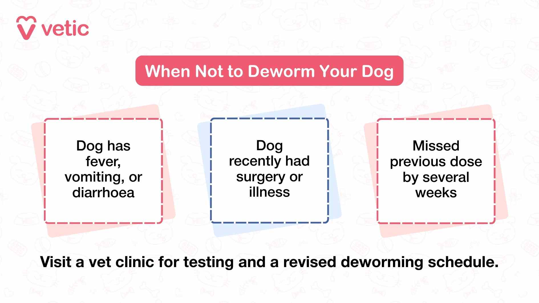 While regular deworming is essential for parasite control, there are specific situations where administering a dewormer can do more harm than good. This image from Vetic highlights three key conditions under which deworming should be postponed, urging pet parents to prioritize their dog’s current health status before proceeding. The first caution is against deworming a dog that is showing signs of fever, vomiting, or diarrhoea. These symptoms may indicate an underlying infection or gastrointestinal distress, and introducing medication at this point could exacerbate the issue or mask critical symptoms. The second warning applies to dogs that have recently undergone surgery or recovered from illness. Their immune systems may still be compromised, and deworming during this recovery phase could lead to adverse reactions or interfere with healing. The third scenario involves missed doses—specifically if the previous deworming was skipped by several weeks. In such cases, restarting the schedule without veterinary input may result in ineffective treatment or resistance.